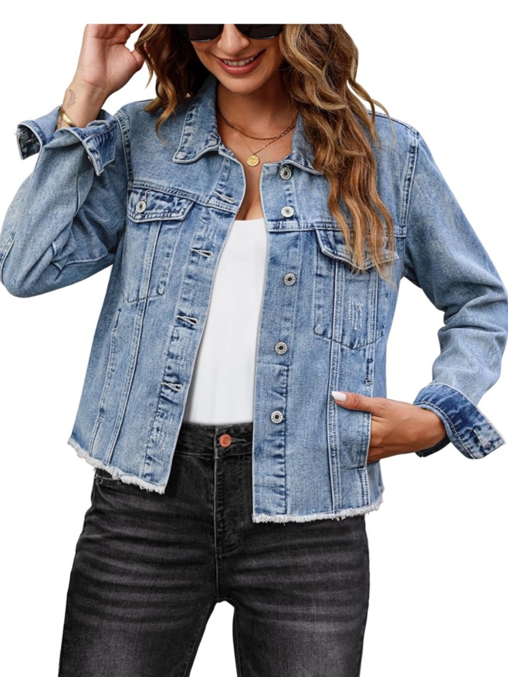 Luvamia distressed denim jacket for women/western trucker jacket with frayed hem